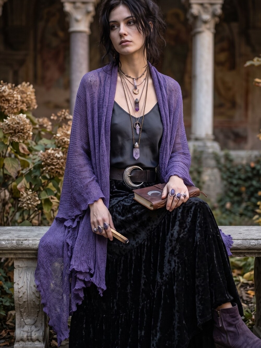 Whimsigoth Handmade Open Knit Draped Waterfall Cardigan purple Fairycore Boho
